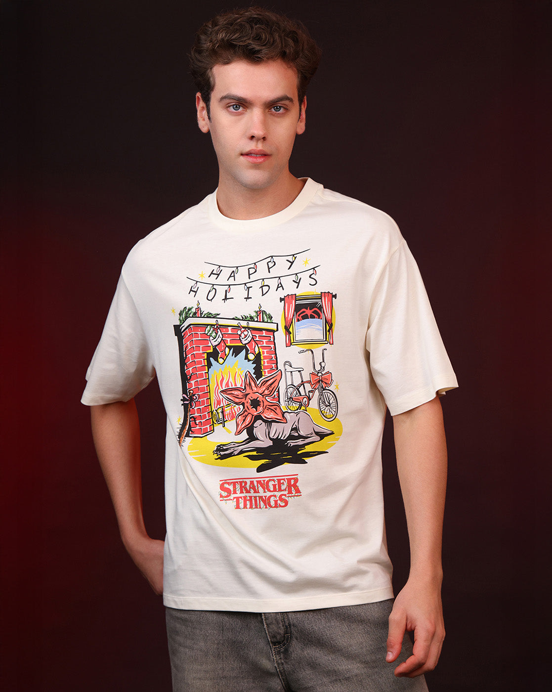 Stranger Things Happy Holidays Oversized Tshirt For Men