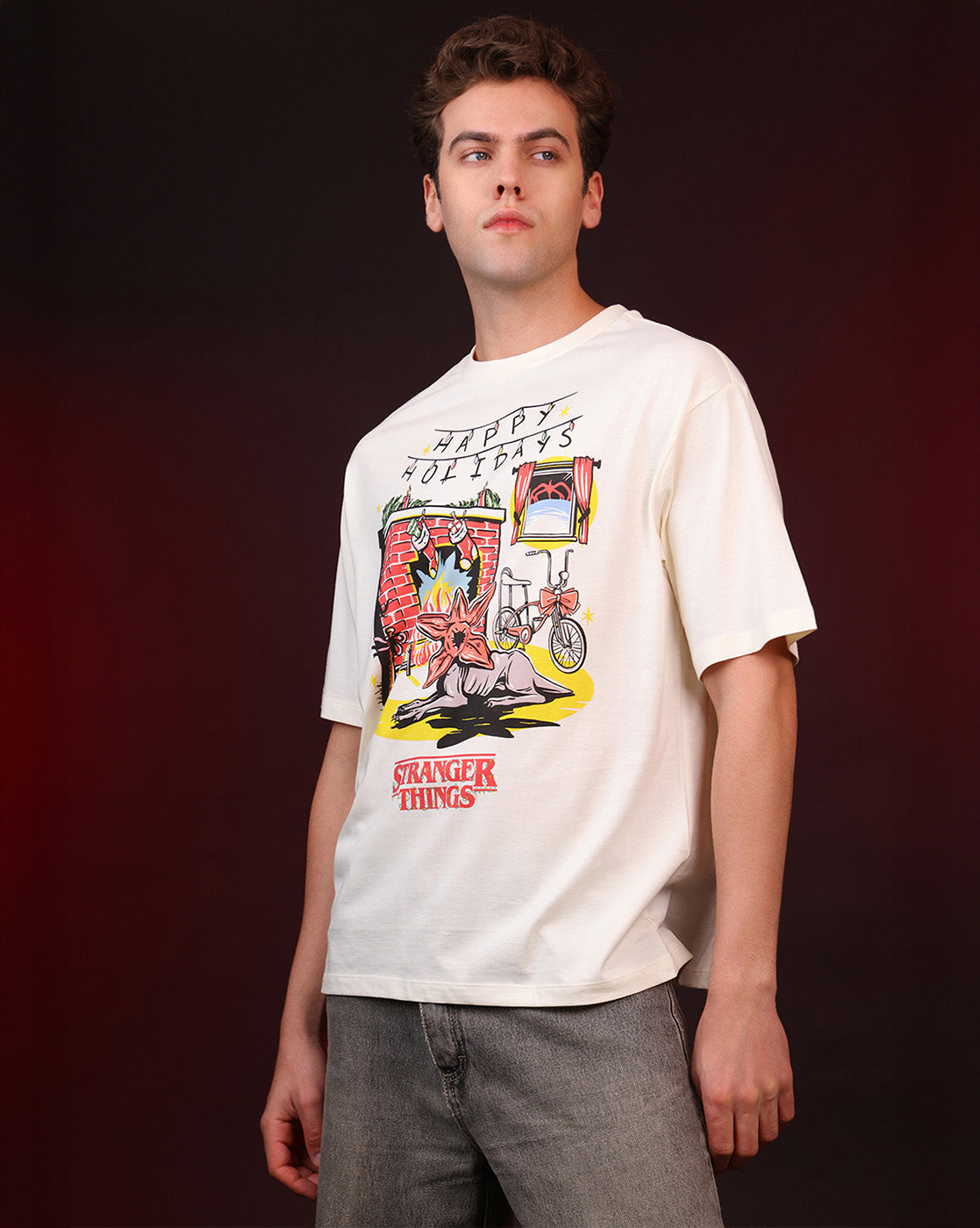 Stranger Things Happy Holidays Oversized Tshirt For Men