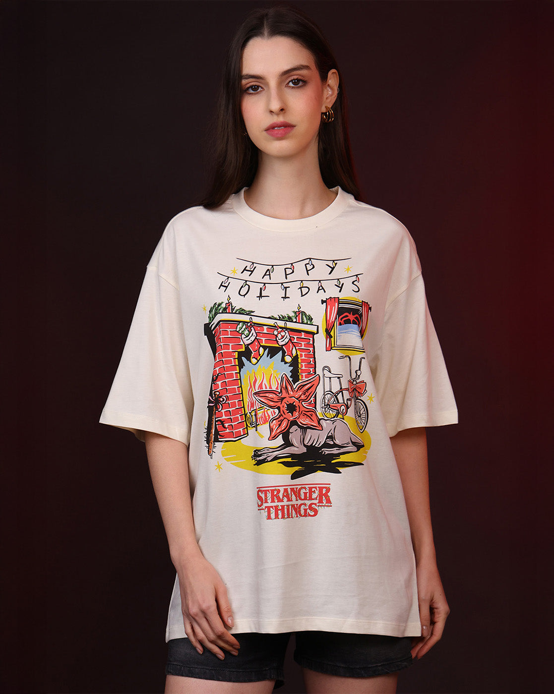 Stranger Things Happy Holidays Oversized Tshirt Women