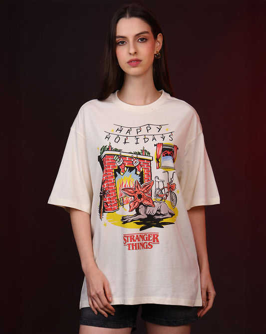Stranger Things Happy Holidays Oversized Tshirt Women