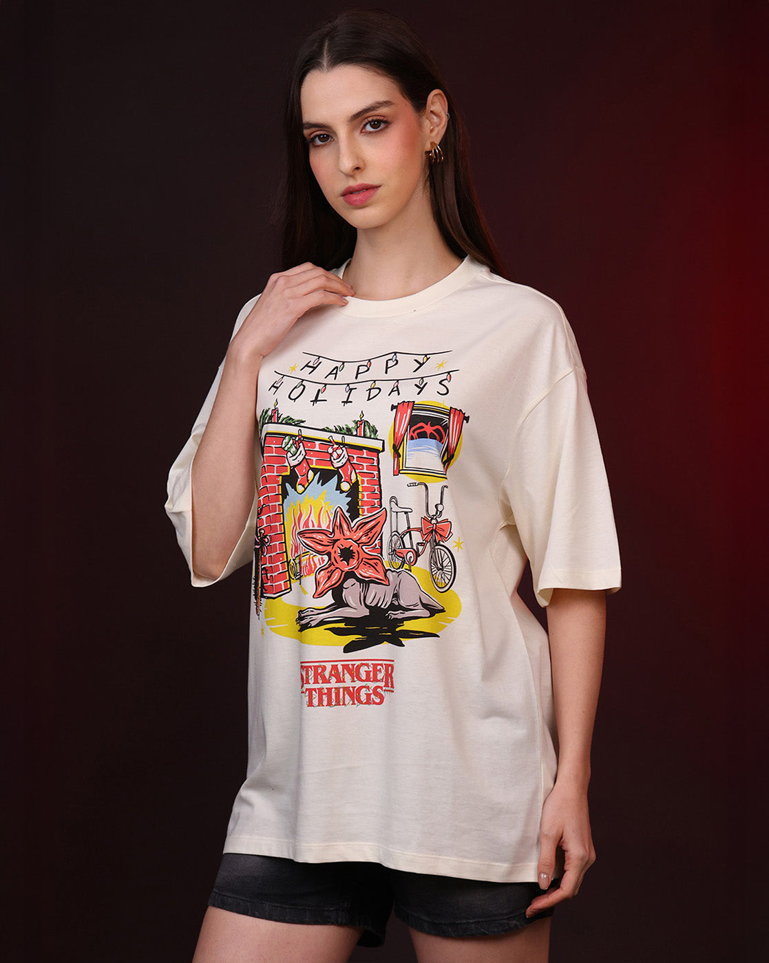 Stranger Things Happy Holidays Oversized Tshirt Women