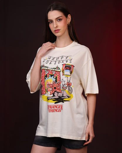 Stranger Things Happy Holidays Oversized Tshirt Women