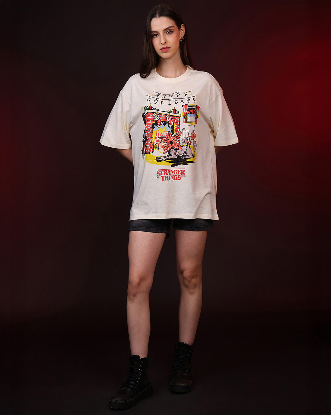 Stranger Things Happy Holidays Oversized Tshirt Women