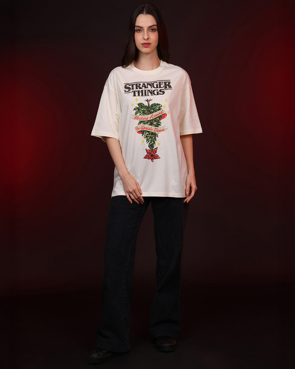 Stranger Things Upside Down Christmas Oversized Tshirt Women