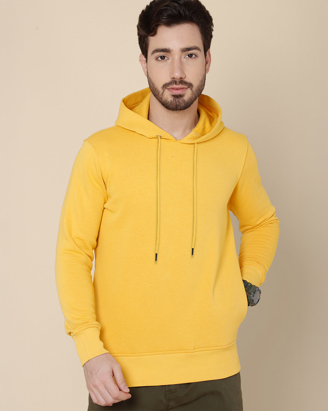 Men Yellow Regular Fit Hoodie