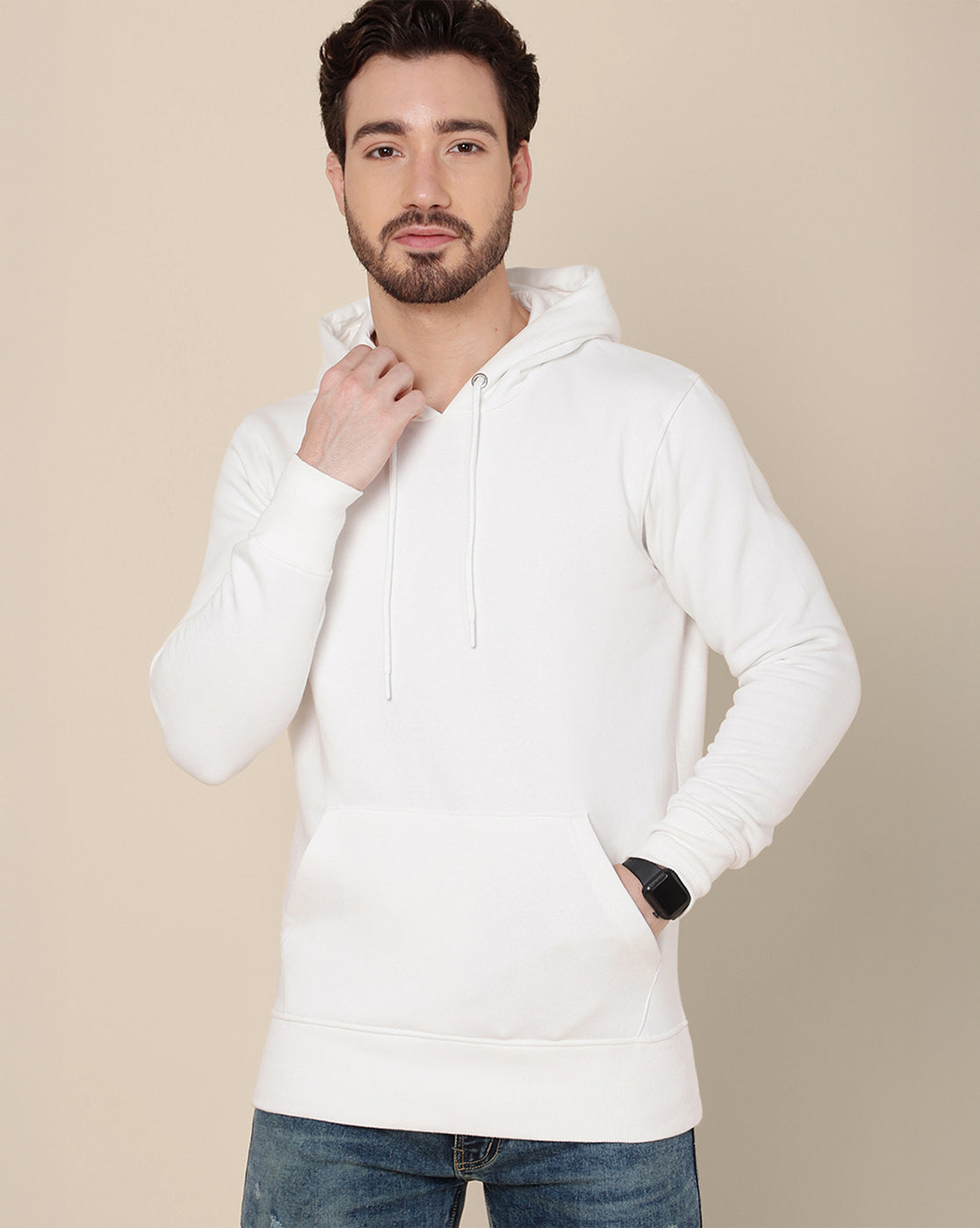 Men Off White Regular Fit Hoodie