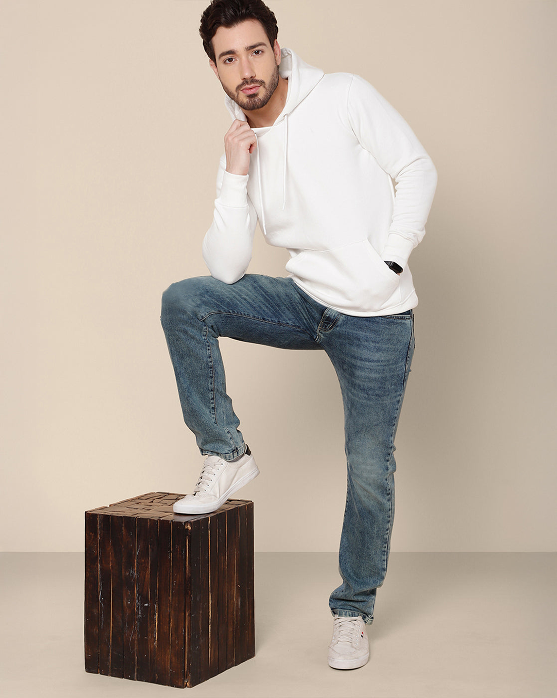 Men Off White Regular Fit Hoodie